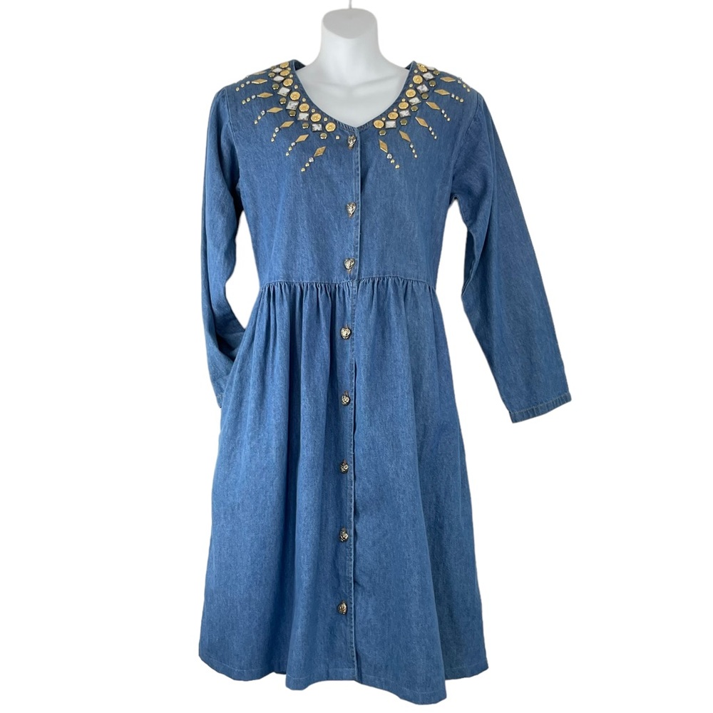 VINTAGE Long Sleeve Denim Dress Embellished w/ Gold Studs& Rhinestones Size MD